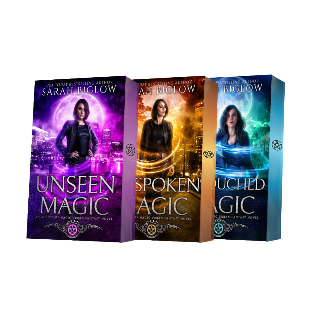 Three book covers of 'Unseen Magic', 'Spoken Magic', and 'Touched Magic' by Sarah Biglow with colorful edge designs on a white background.