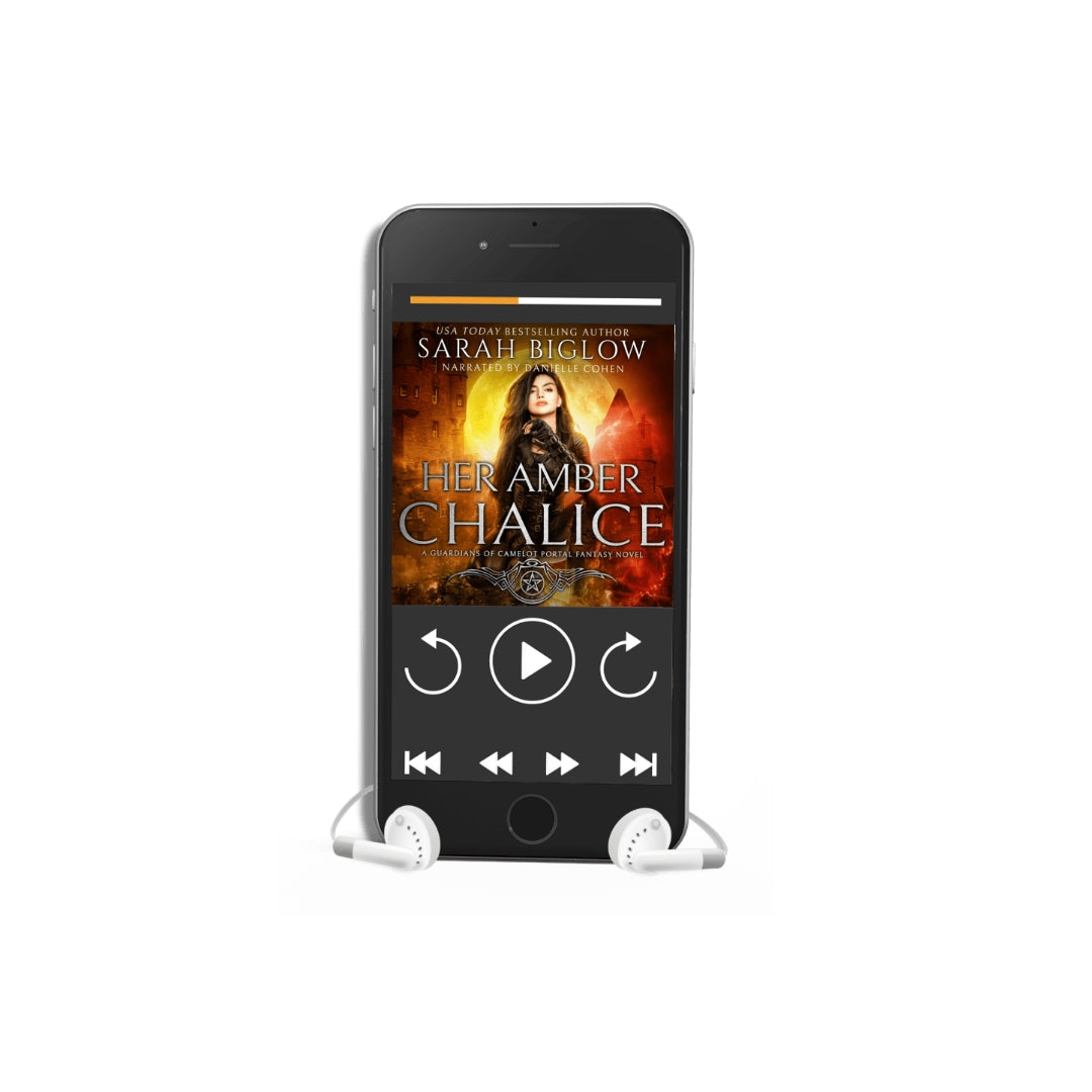 Guardians of Camelot: Her Amber Chalice audiobook cover art featuring Morgan le Fey, Arthurian fantasy
