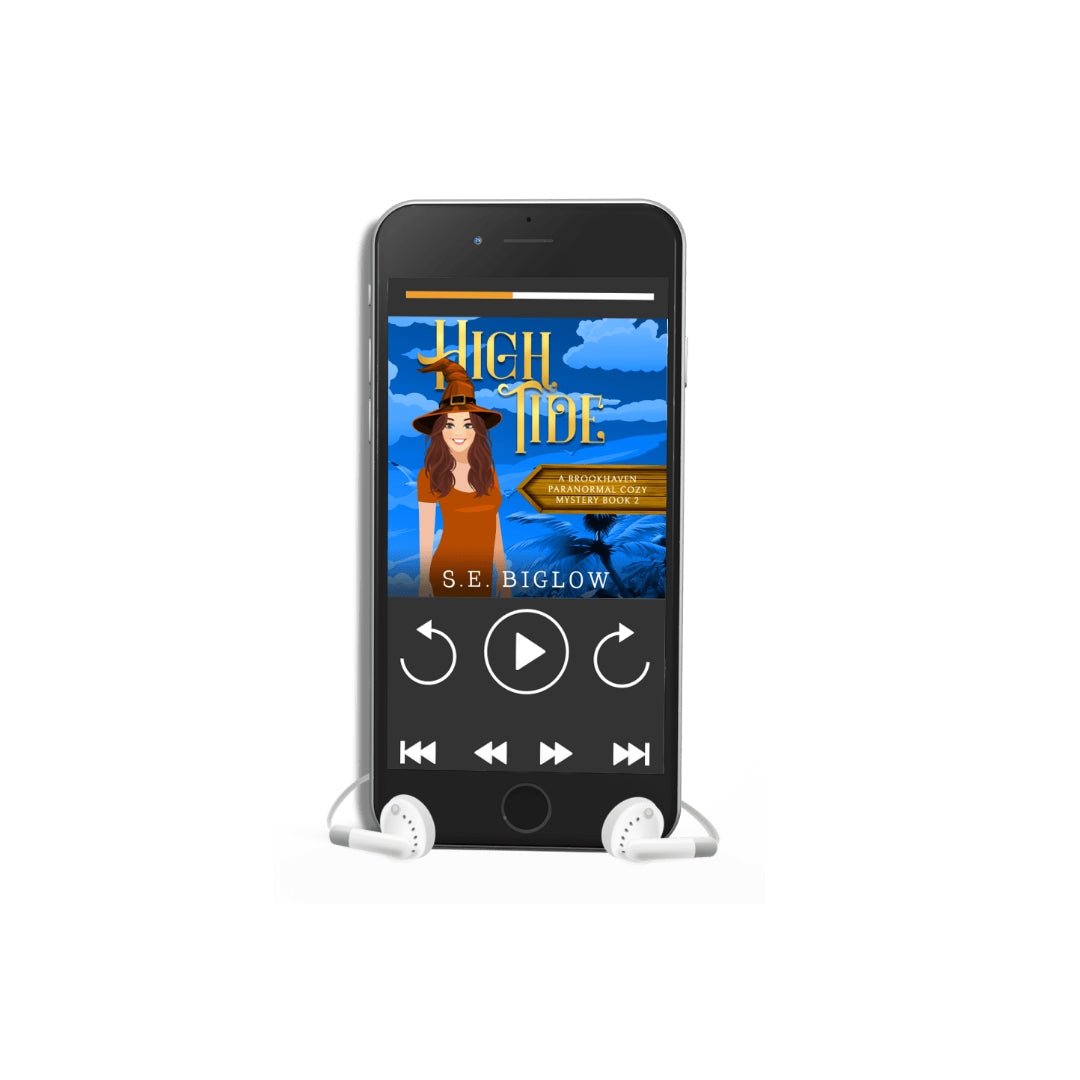 Brookhaven Cozy Mysteries: High Tide audiobook cover art featuring a woman sleuth surronded by magical elements, paranormal cozy mystery