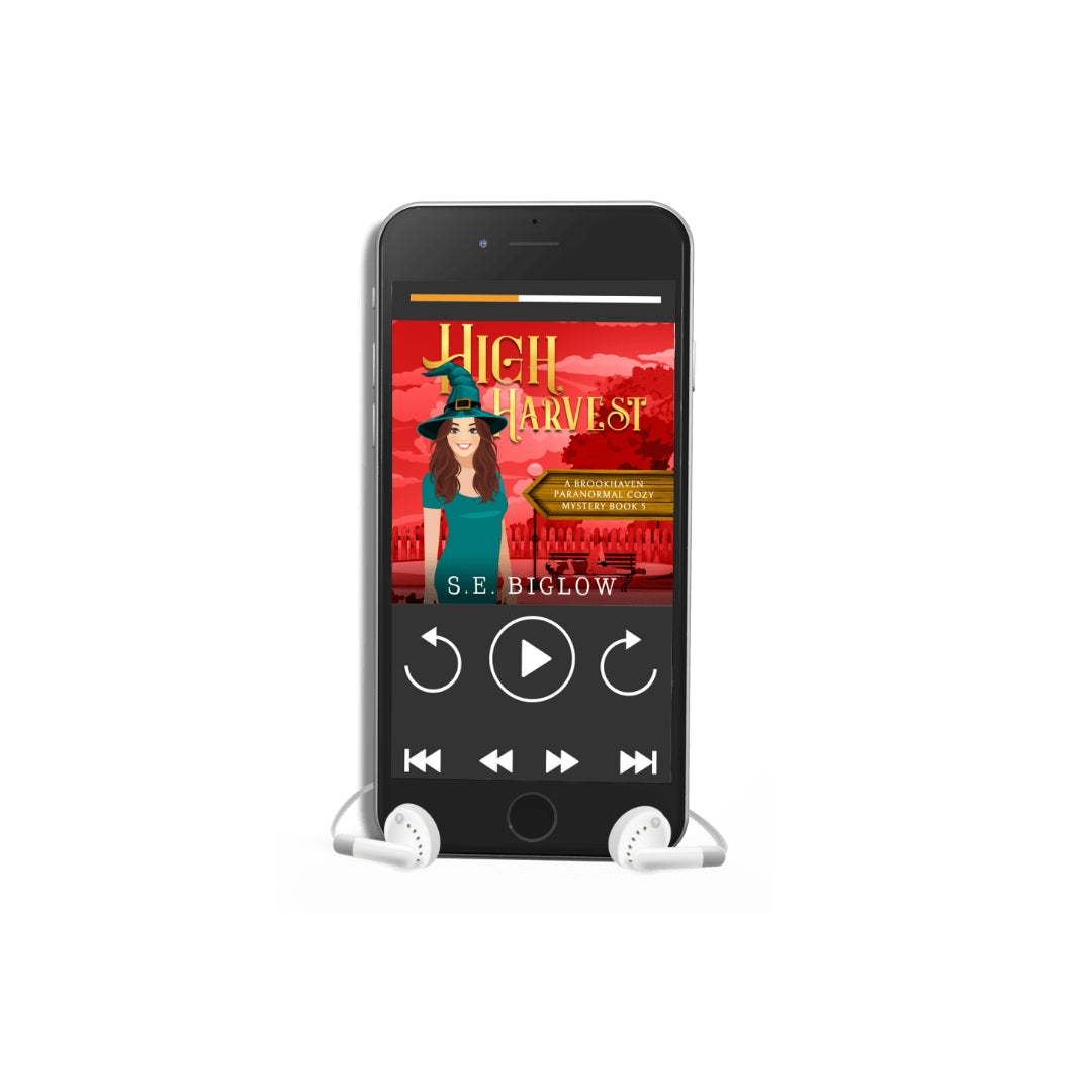 Brookhaven Cozy Mysteries: High Harvest audiobook cover art featuring a woman sleuth surronded by magical elements, paranormal cozy mystery