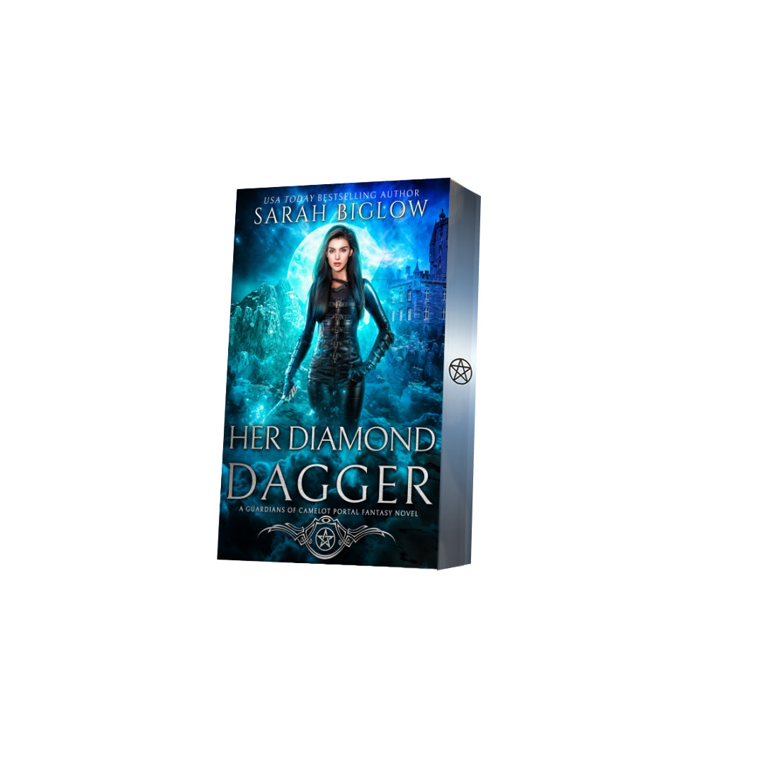 Paperback of Her Diamond Dagger with decorative edges by Sarah Biglow on white background