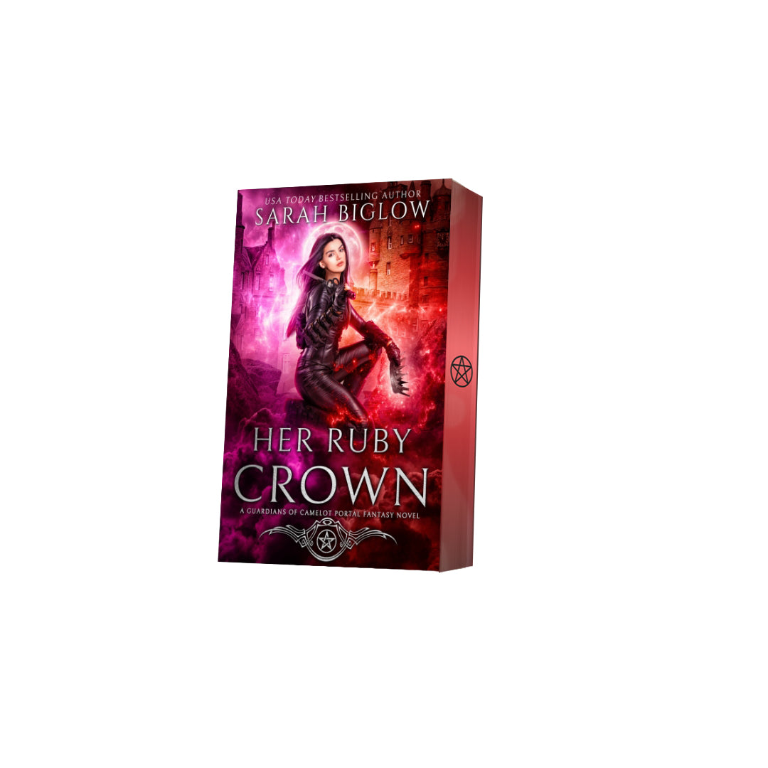 Paperback of Her Ruby Crown with decorative edges by Sarah Biglow on white background