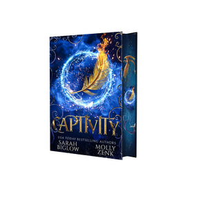 Captivity special edition hardccover featuring a burning yellow feather in a circle of blue water with sprayed edges, dystopian fantasy
