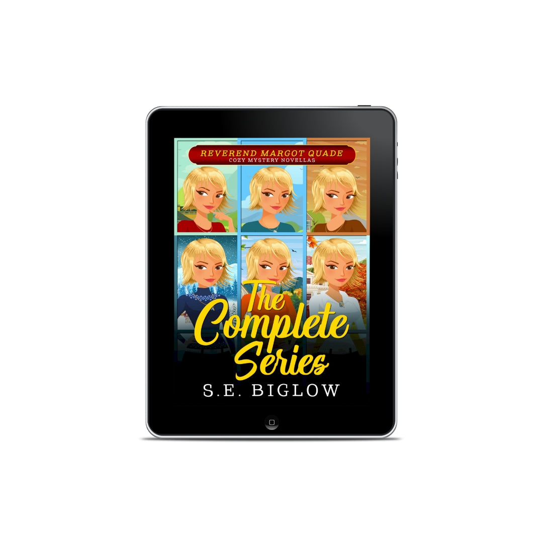 Reverend Margot Quade complete series ebook cover art featuring illustrated female characters in seasonal panels, cozy mystery series