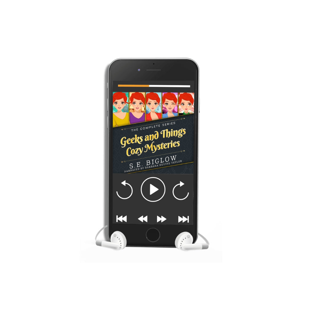 Geeks and Things complete series audiobook cover art featuring illustrated female main character on colored panels, cozy mystery