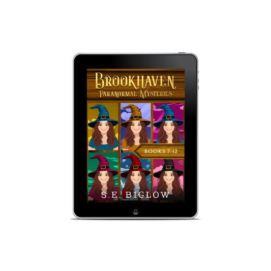 Brookhaven Dozy Mysteries ebooks 7–12 bundle covers featuring illustration of woman sleuths in witch hats, paranormal cozy mystery series