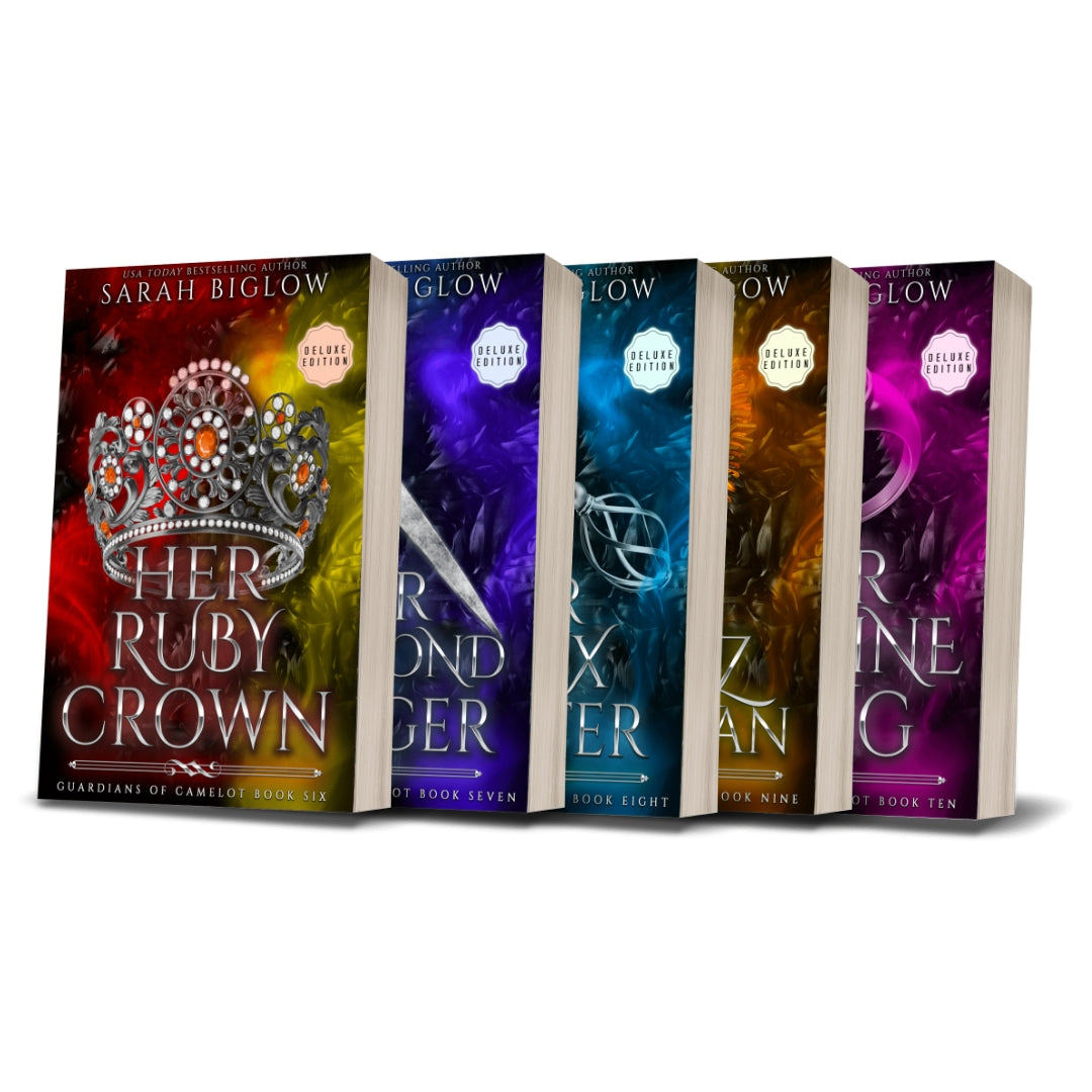 Guardians of Camelot Books 6-10 paperbacks with colorful object covers by Sarah Biglow on a white background