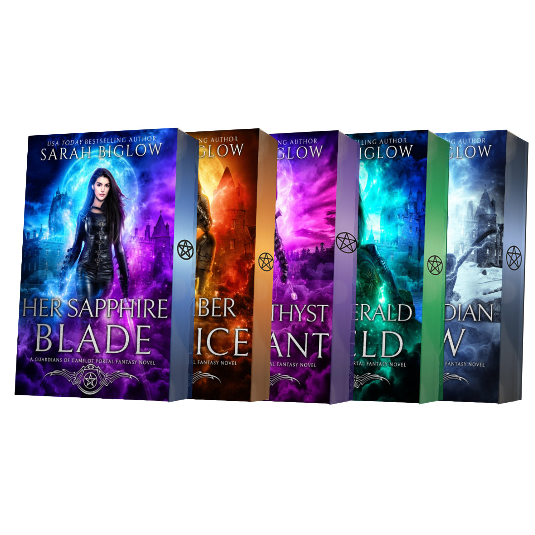 Guardians of Camelot books 1-5 paperbacks with colorful character covers and colored edge by Sarah Biglow on a white background.