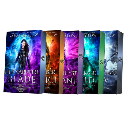Guardians of Camelot books 1-5 paperbacks with colorful character covers and colored edge by Sarah Biglow on a white background.