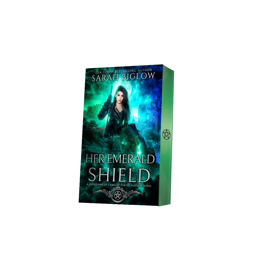 Paperback of Her Emerald Shield with decorative edges by Sarah Biglow on white background