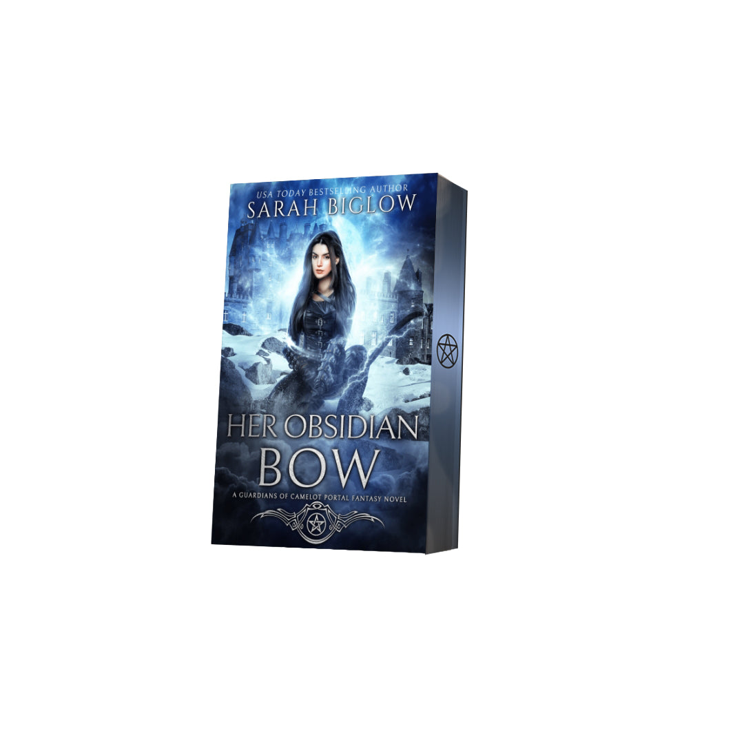 Paperback of Her Obsidian Bow with decorative edges by Sarah BIglow on white background