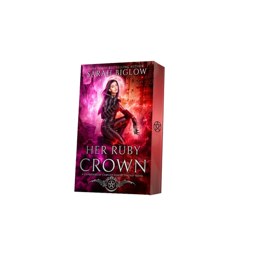 Paperback of Her Ruby Crown with decorative edges by Sarah Biglow on white background