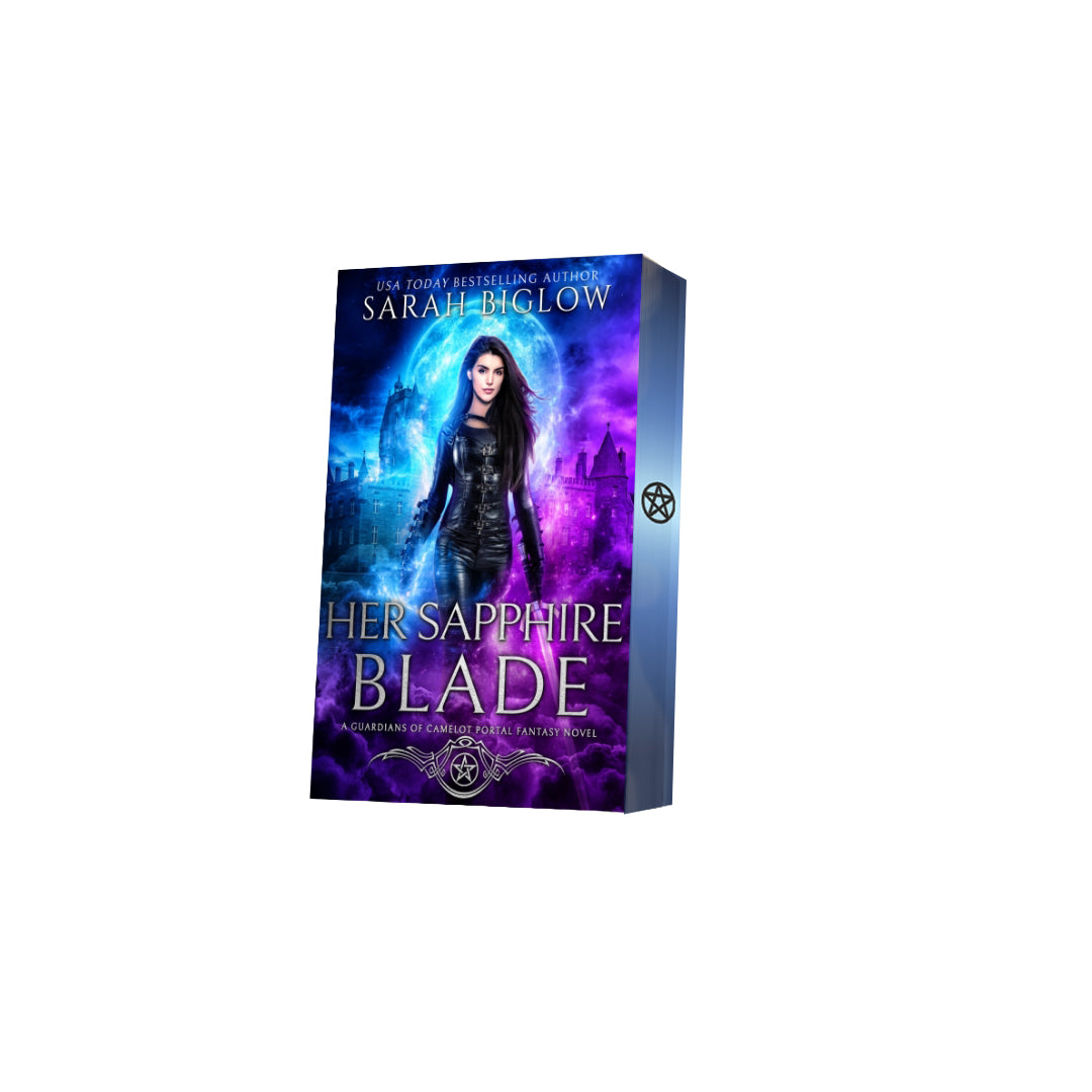 Paperback of Her Sapphire Blade with decorative edge by Sarah Biglow on white background