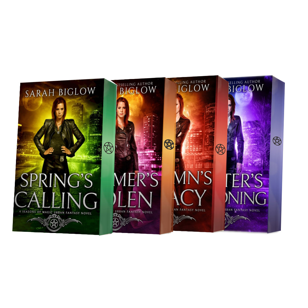 Seasons of Magic series paperbacks "Spring's Calling", "Summer's Stolen", "Autumn's Legacy" and "Winter's Reckoning "by Sarah Biglow with colorful sprayed edges on a white background