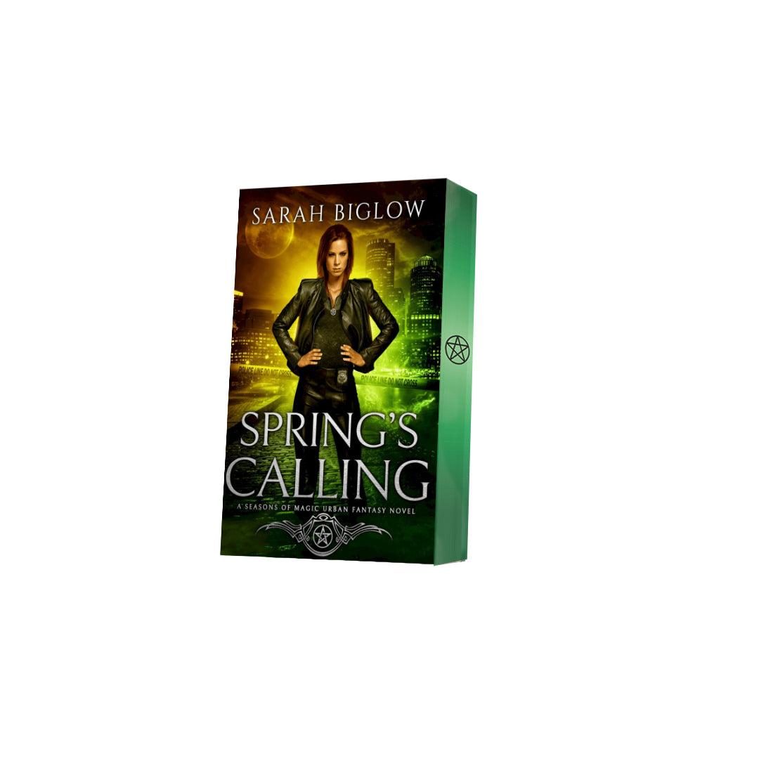 Paperback of Spring's Calling with decorative edges by Sarah Biglow on white background