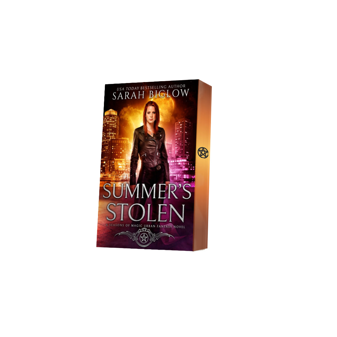 Paperback of Summer's Stolen with decorative edges by Sarah Biglow on white background