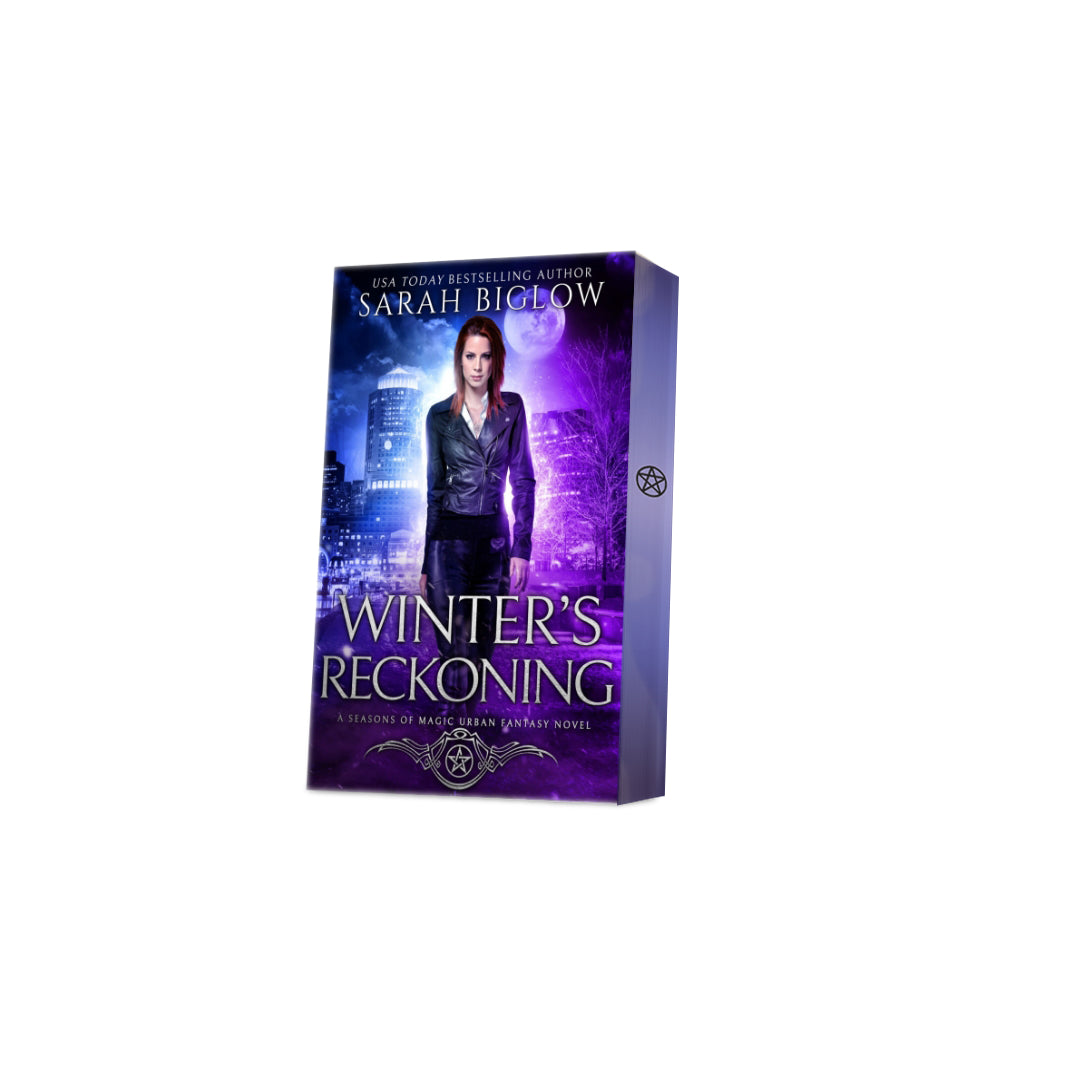 Paperback of Winter's Reckoning with decorative edges by Sarah Biglow on white background