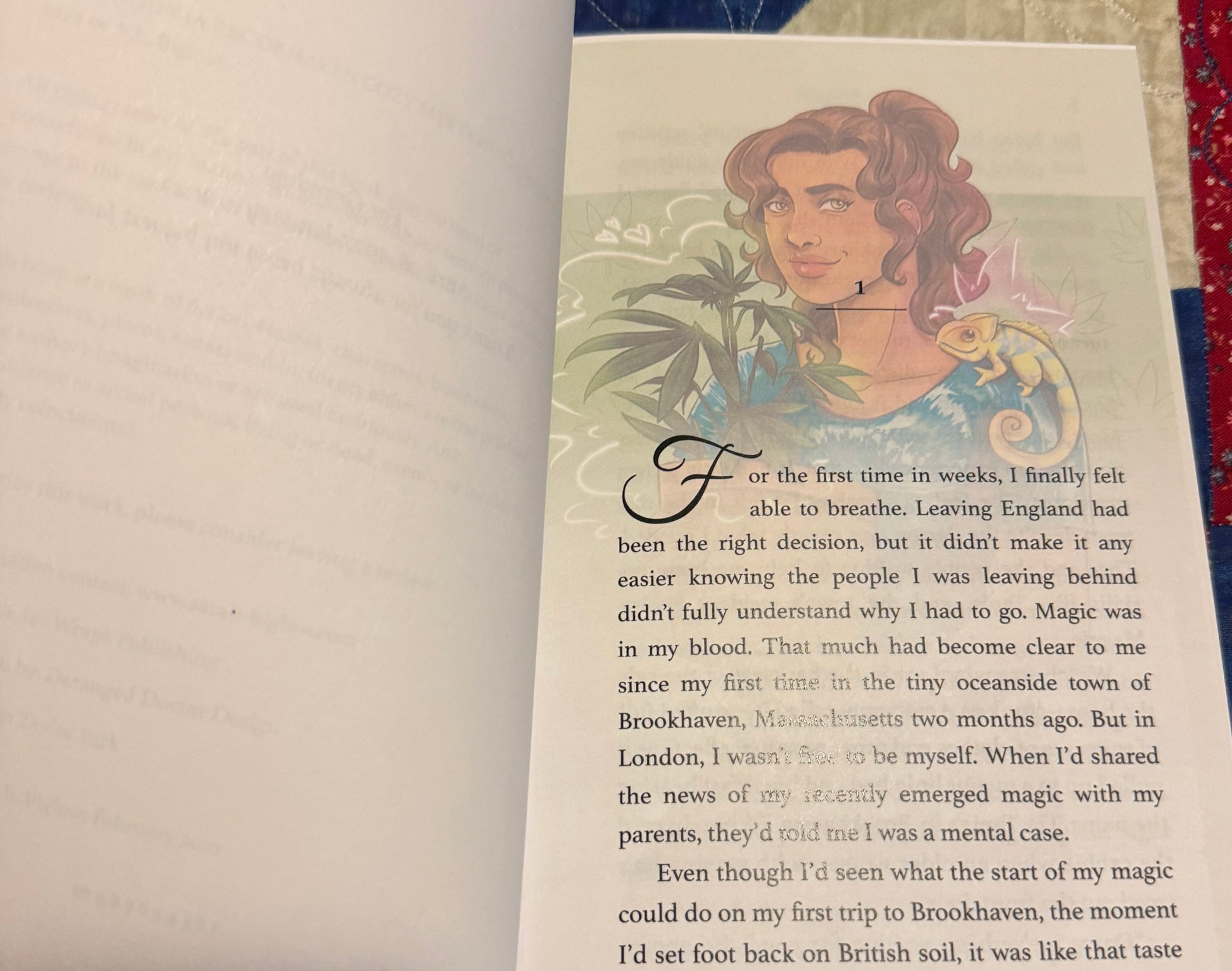 Brookhaven Cozy Mysteries interior chapter art featuring Darcy with Beau, her chameleon companion, paranormal cozy mystery series