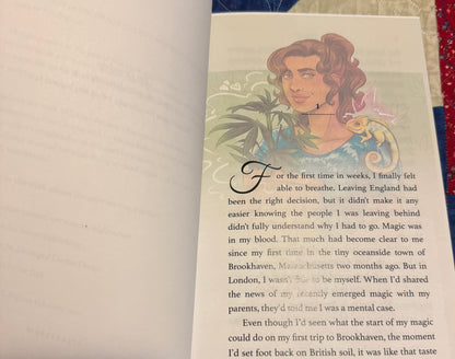 Brookhaven Cozy Mysteries interior chapter art featuring Darcy with Beau, her chameleon companion, paranormal cozy mystery series