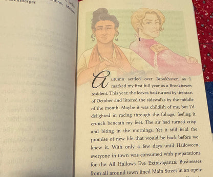 Brookhaven Cozy Mysteries interior chapter art featuring Tania with ghost, Sam, paranormal cozy mystery series